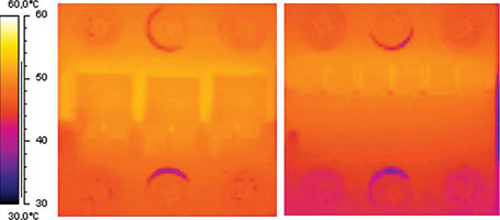 Figure 6. Thermal comparison between a D&#178;-Pak 7-pin (left) and SuperSO8 device (right) containing equivalent silicon area